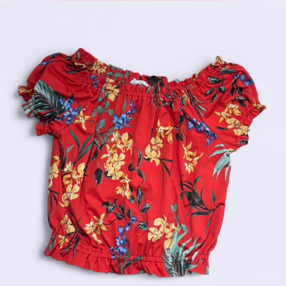 Elegant Red Floral Off-Shoulder Blouse